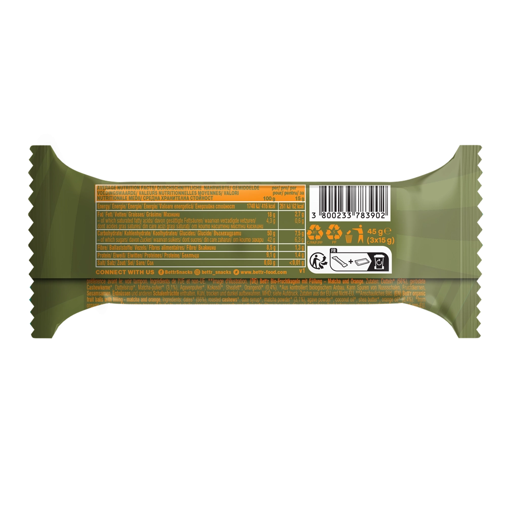 Био Плодови Топчета с Пълнеж Матча и Портокал (3x15g), Bett'r