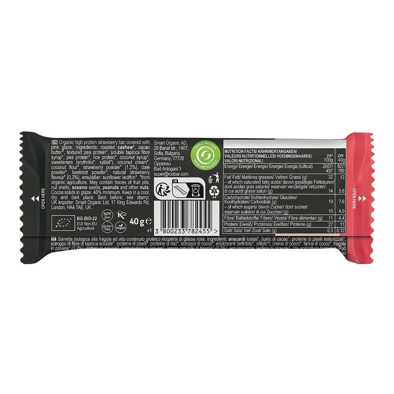 Био Високопротеинов Бар Ягода Покрит с Розов Тунк, 40g, Roobar