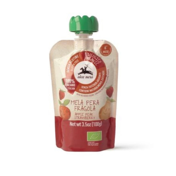 Био Детско Плодово Пюре от Ябълки, Круши и Ягоди Пауч, 100g, Alce Nero