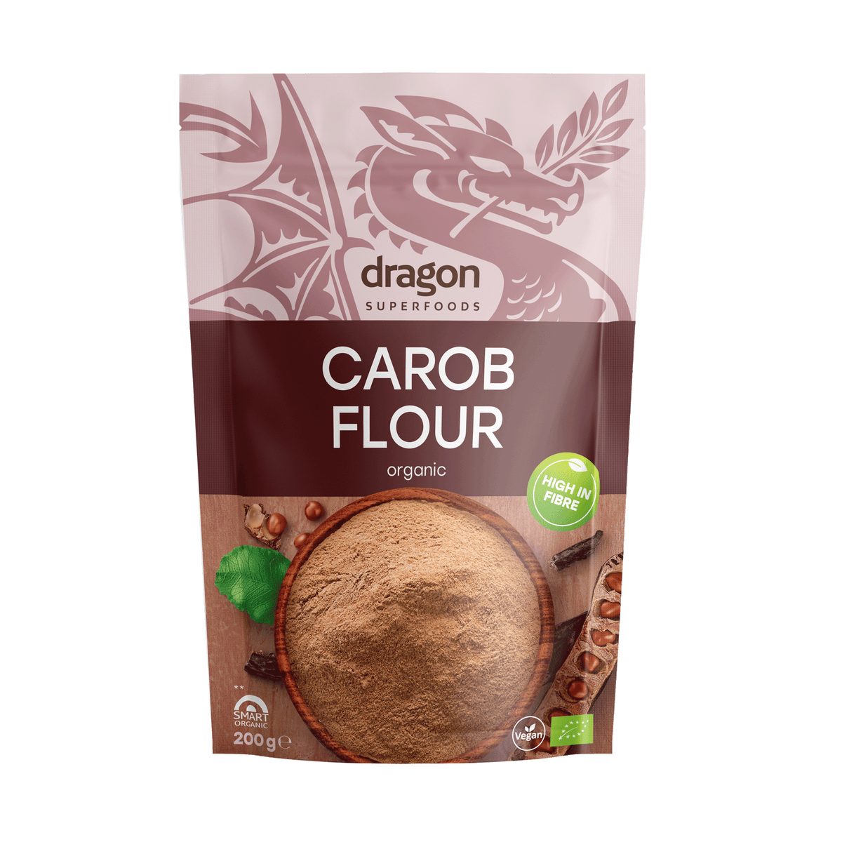 Био брашно от рожков 200 г Dragon Superfoods – предна страна на опаковката