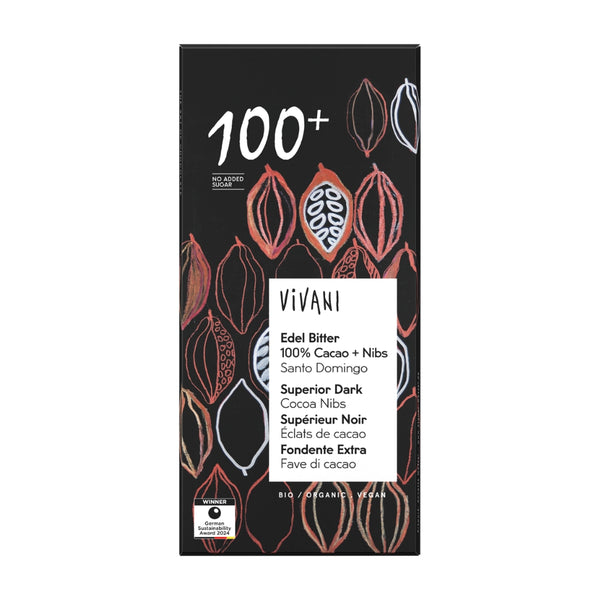 Био Натурален 100% шоколад + какаови зърна, Vivani,  80g